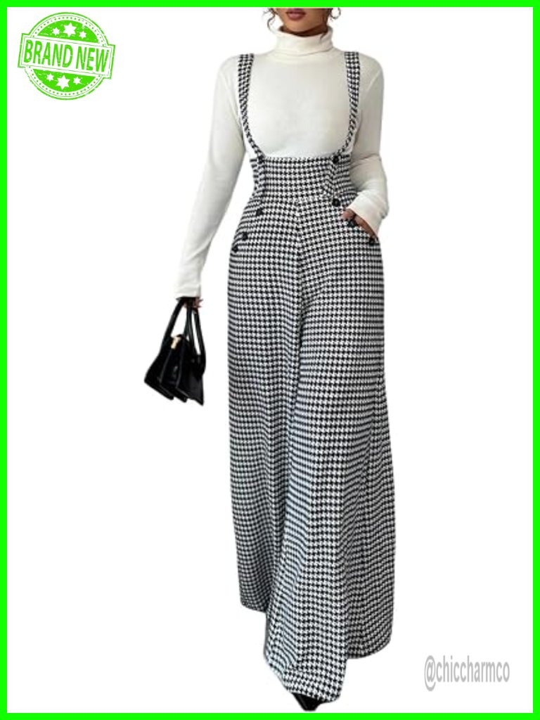 Houndstooth Wide Leg Jumpsuit Button Front Work Suspender Pants With Pockets